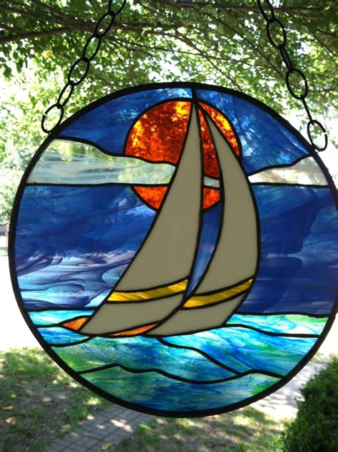 Beach Sailboat Stained Glass Window Suncatcher Large 15