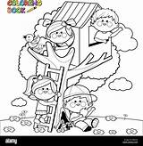 Giocano Boomhut Kleurplaten Kinderen Jouant Arbre Albero Spelen Bimbi Cabane Wit Zwart Desenhos Kleurplaat Lendo Klimmen sketch template