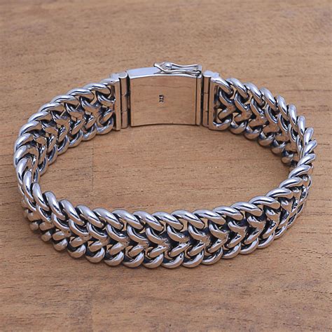 mens sterling silver chain bracelet  bali celuk strength novica