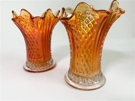 Vintage Amber Art Glass Vases 2 Orange Iridescent Glass Vases Frilled
