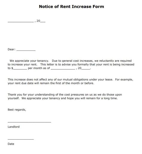 notice  rent increase form  template form