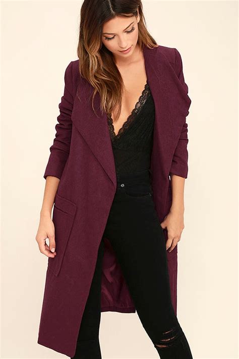 luxurious burgundy coat felt coat long coat open front coat  lulus