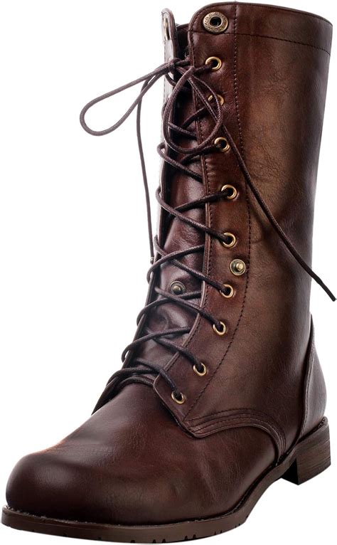 wealsex mens fashion vintage mid calf boots lace  motorcycle boots cowboy biker boots leather