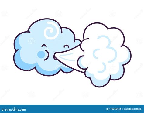 cute cloud blowing wind cartoon character  funny face stock