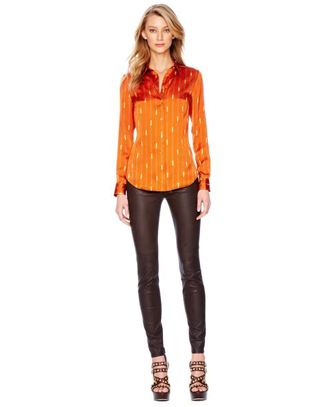 lyst michael kors printed satin fitted blouse in orange