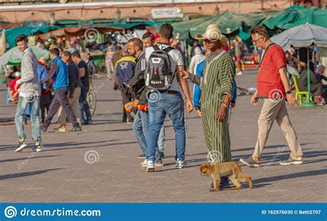 een apentrainer loopt met zijn dier op het jemaa el fnaa plein  marrakech marokko