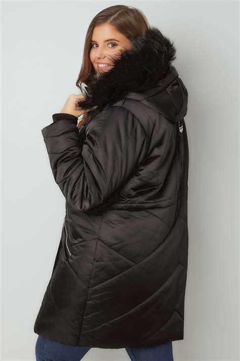 black padded parka jacket  faux fur hood  size