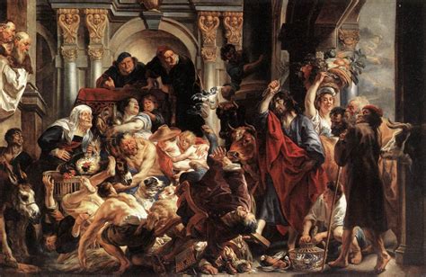 christ driving  merchants   temple  jacob jordaens