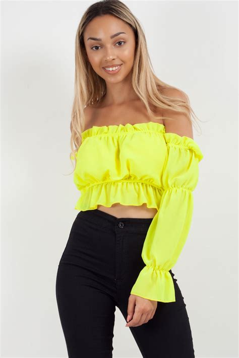 Neon Yellow Bardot Frill Crop Top Uk