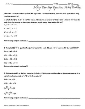 solving  step equations word problems  math square tpt