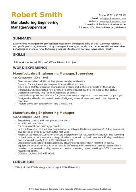 manufacturing engineering manager resume samples qwikresume