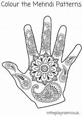 Hand Coloring Pages Mehndi Colouring Hands Designs Patterns Kids Printable Henna Diwali India Template Intheplayroom Mandala Drawing Crafts Blank Color sketch template