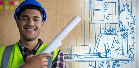 composite image  happy construction worker stock photo image