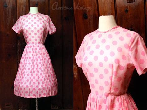Vintage Day Dress 60s Full Skirt Dress Pink Polka Dot Dress Etsy