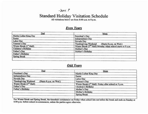 custody holiday schedule template fresh child visitation schedule