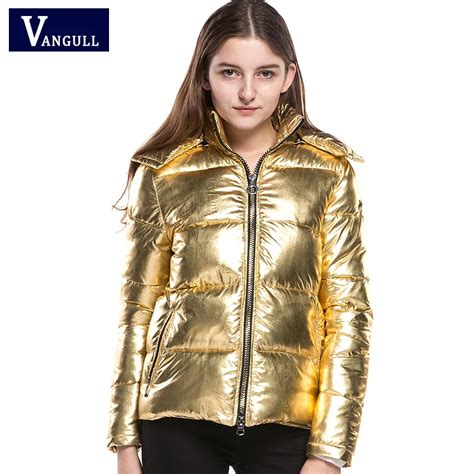 women winter jackets short warm coat gold metal color bread style   ladies parka