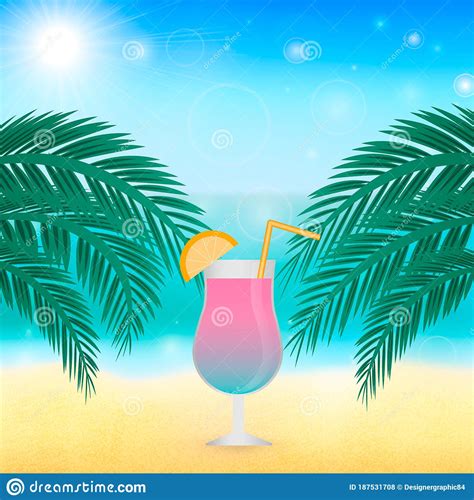 Summer Vector Background With Sea Palms And Glass Of Cocktail Blurred