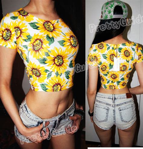 sexy belly sunflower print bare midriff crop top tee t shirt ebay