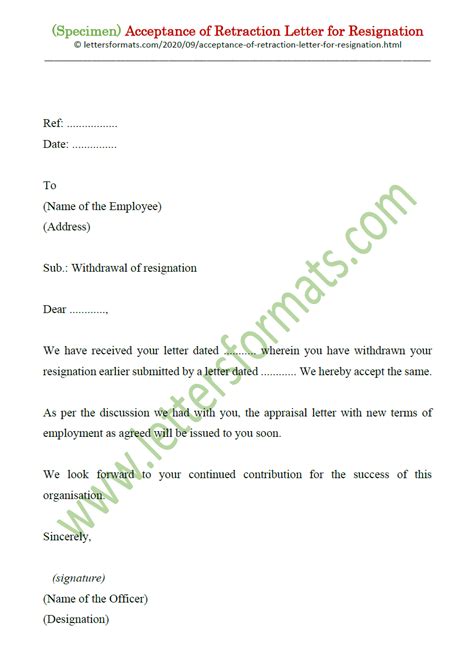 sample acceptance  retraction letter  resignation