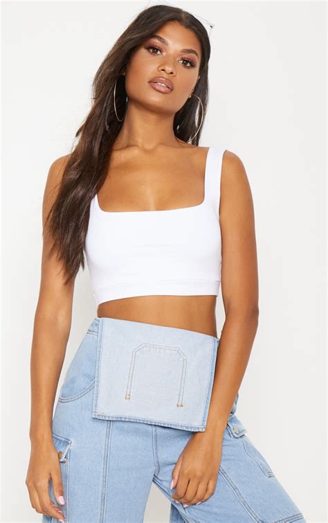 white sleeveless square neck crop top tops prettylittlething usa