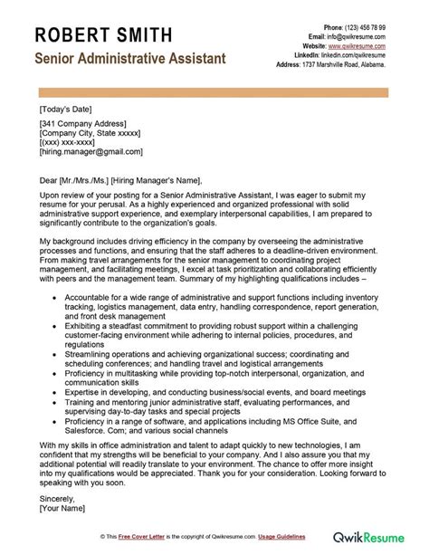 senior administrative assistant cover letter examples qwikresume