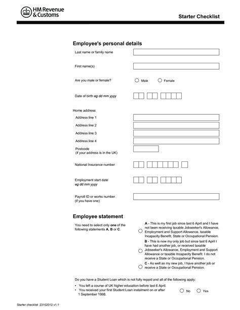 printable  employee starter form template printable templates