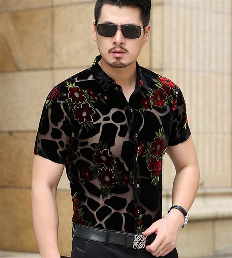 2017 summer men s short sleeve shirts business gentleman casual floral see through silk shirts