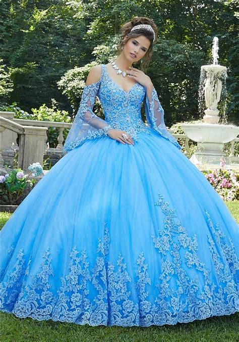 Princess Ball Gown Prom Dress Light Blue Tulle Lace Long