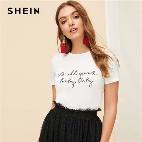 Shein White Slogan Letter Print Solid Slim Fitted Tee Short Sleeve