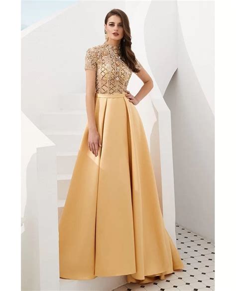 gorgeous long gold formal prom dress  beading sleeves fc gemgracecom