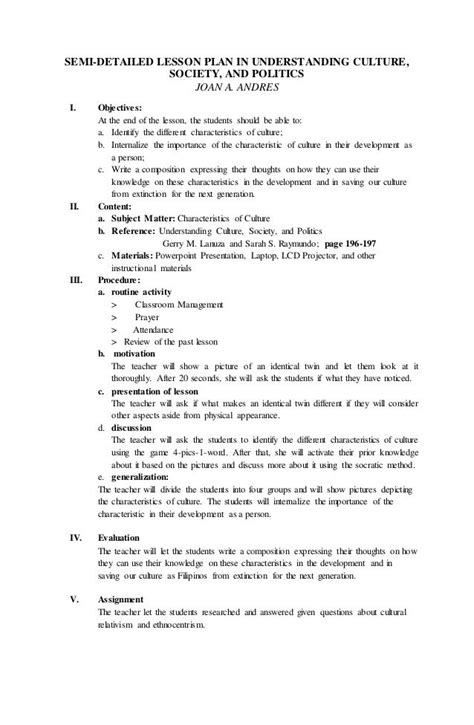 semi detailed lesson plan  understanding culture
