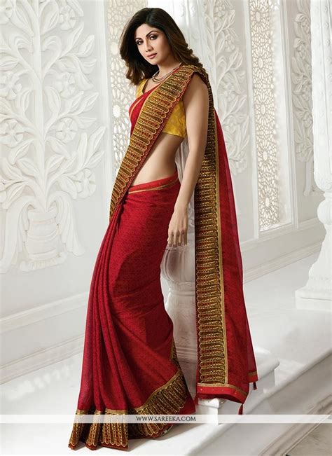 Shilpa Shetty Red Printed Saree Saree Designs Fancy