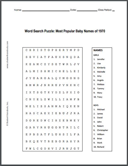 printable word search puzzle  popular baby names