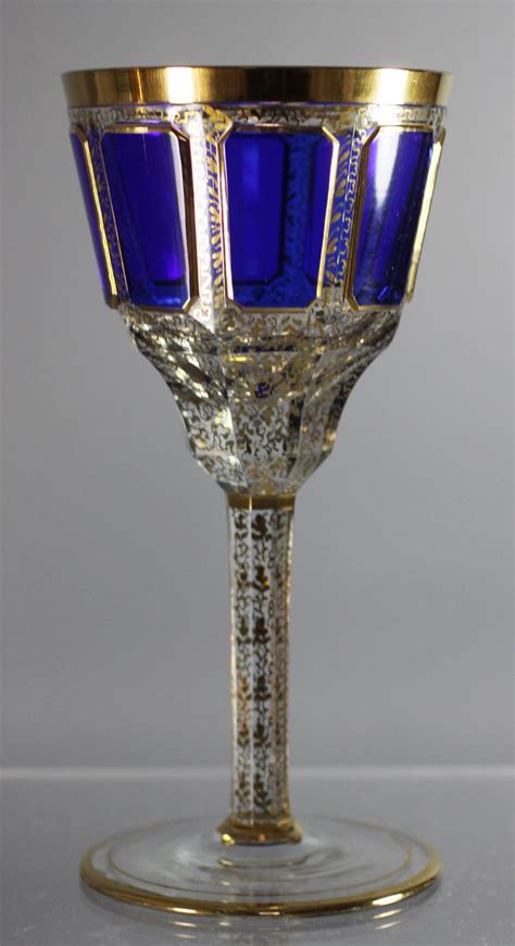 Antiques Moser Hand Blown Gilded Sapphire Blue Wine Glass Crystal Wine