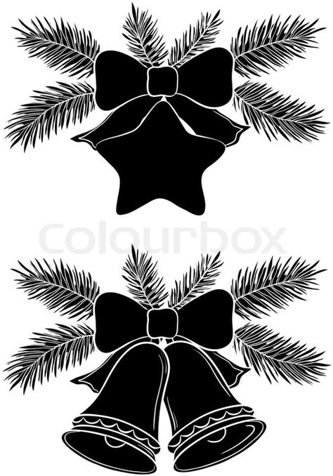 christmas decorations bells  star  bows  fir branches black silhouette  white