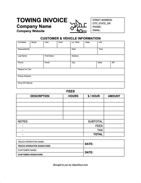 printable tow invoice template printable templates