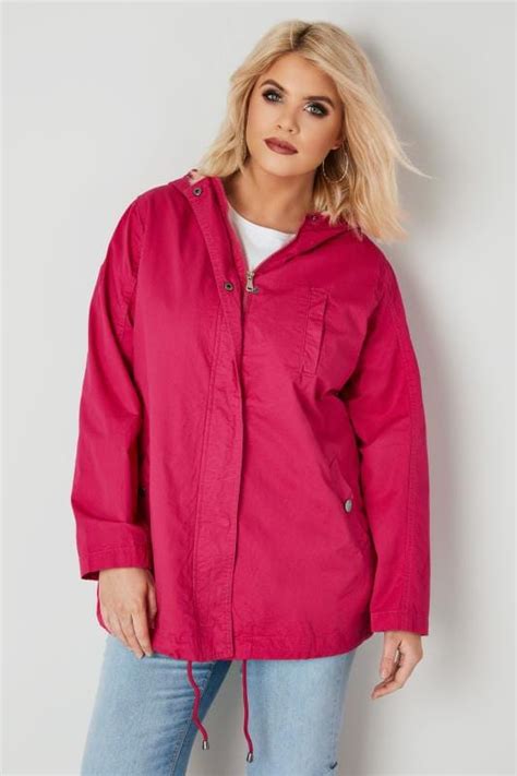 Hot Pink Twill Hooded Parka Jacket With Checked Lining