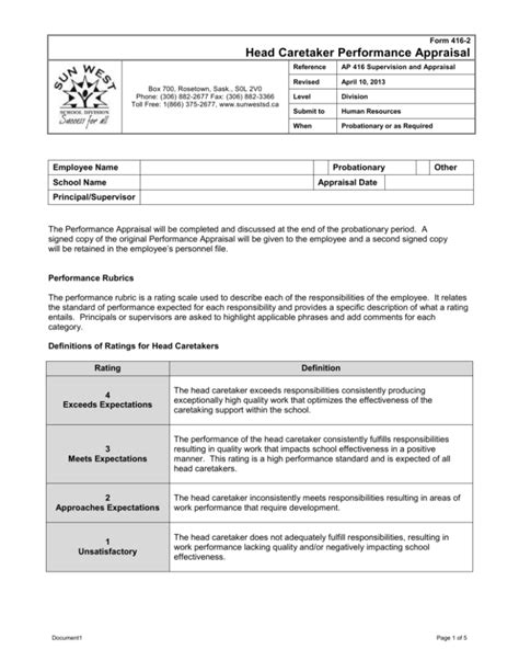 Head Caretaker Performance Appraisal