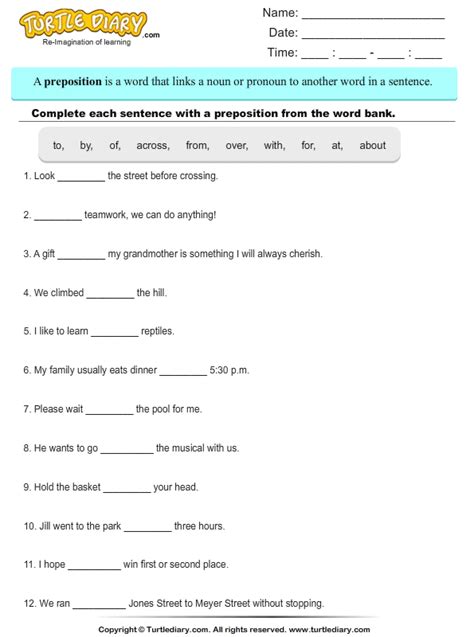 choose correct preposition  complete  sentence worksheet turtle