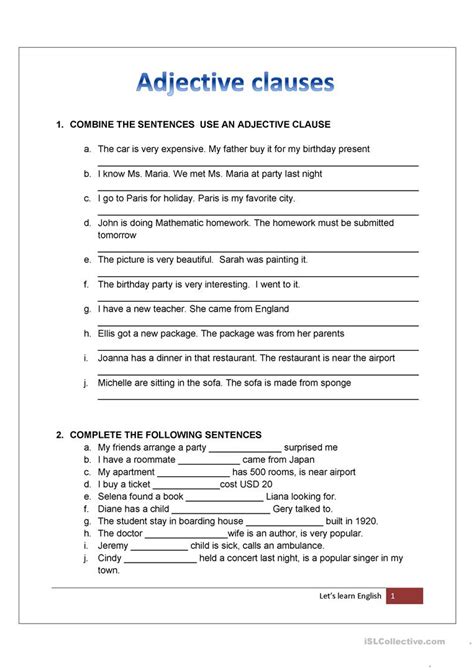 adjective clause english esl worksheets  distance learning