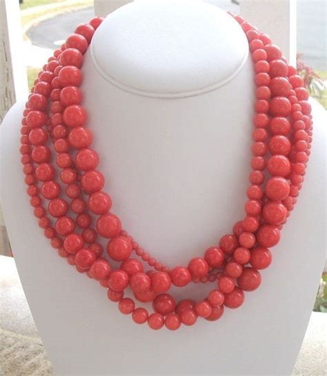 chunky necklace  coral pink multi strand  denisejewelrydesigns
