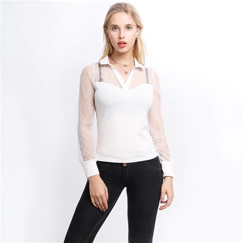 Buy See Through Lace Patchwork Turn Down Collar Elegant Long Sleeve