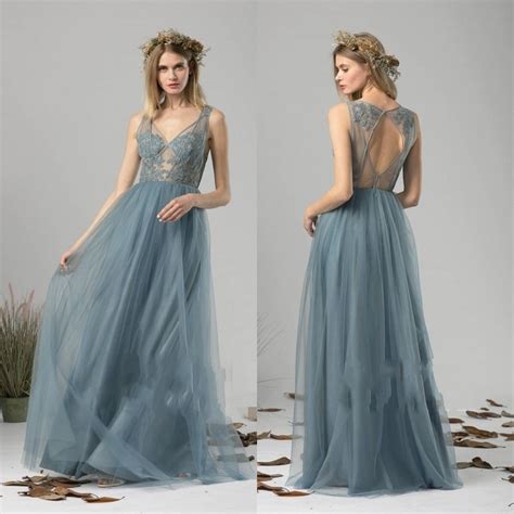 pretty dusty blue lace long formal dresses for elegant bridesmaid