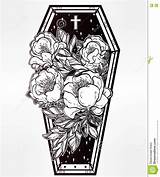 Coffin Vector Doodskist Ataud Stijl Decoratieve Bara Mystic Flowers Casket Istantaneo Tatuaggio Decorativa sketch template