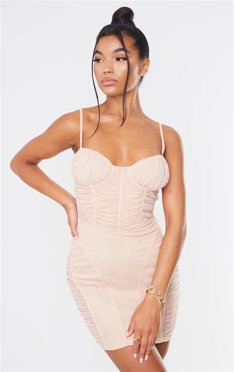 Nude Strappy Mesh Ruched Panel Bodycon Dress Prettylittlething