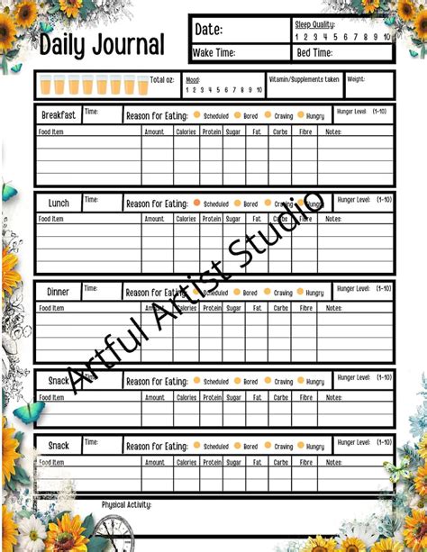 daily food journal printable mindful eating bariatric surgery etsy
