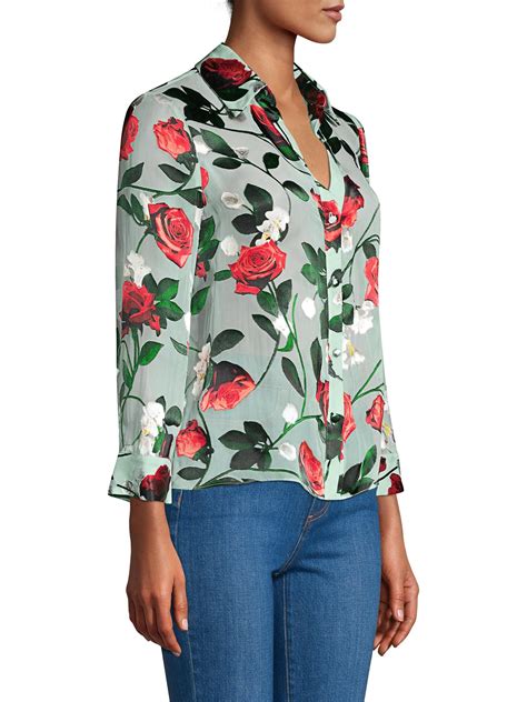 lyst alice olivia eloise floral button down blouse in blue