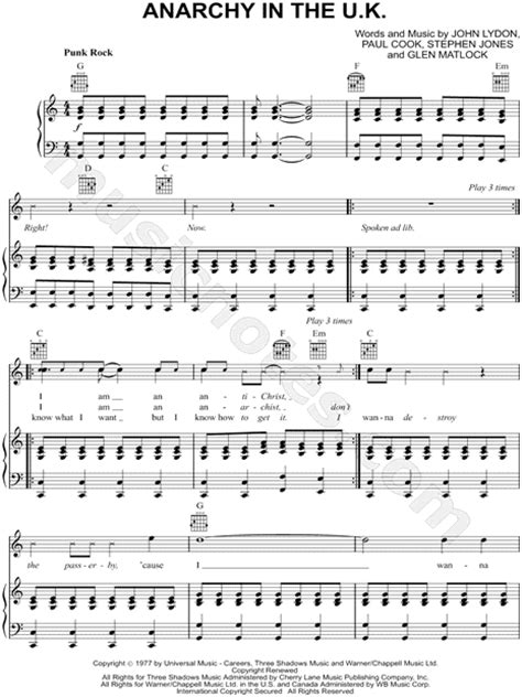 sex pistols anarchy in the u k sheet music in c major download and print sku mn0115423