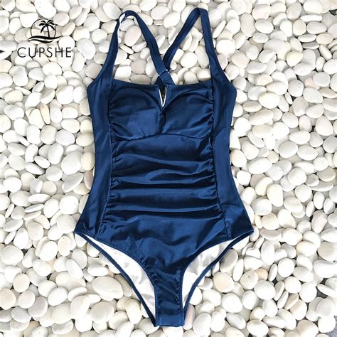 Cupshe Navy Blue Attractive Shirring One Piece Swimsuit Women Solid