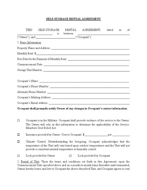 storage unit rental agreement template storage contract